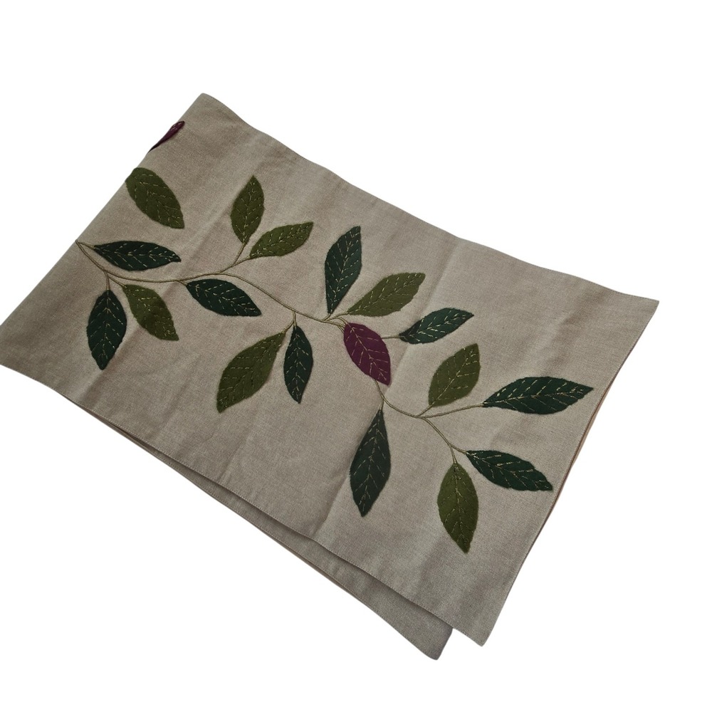 Leaf Pattern Table Runner 14" X 84" Felt Appliques Green Burgundy Nature Leaves‎